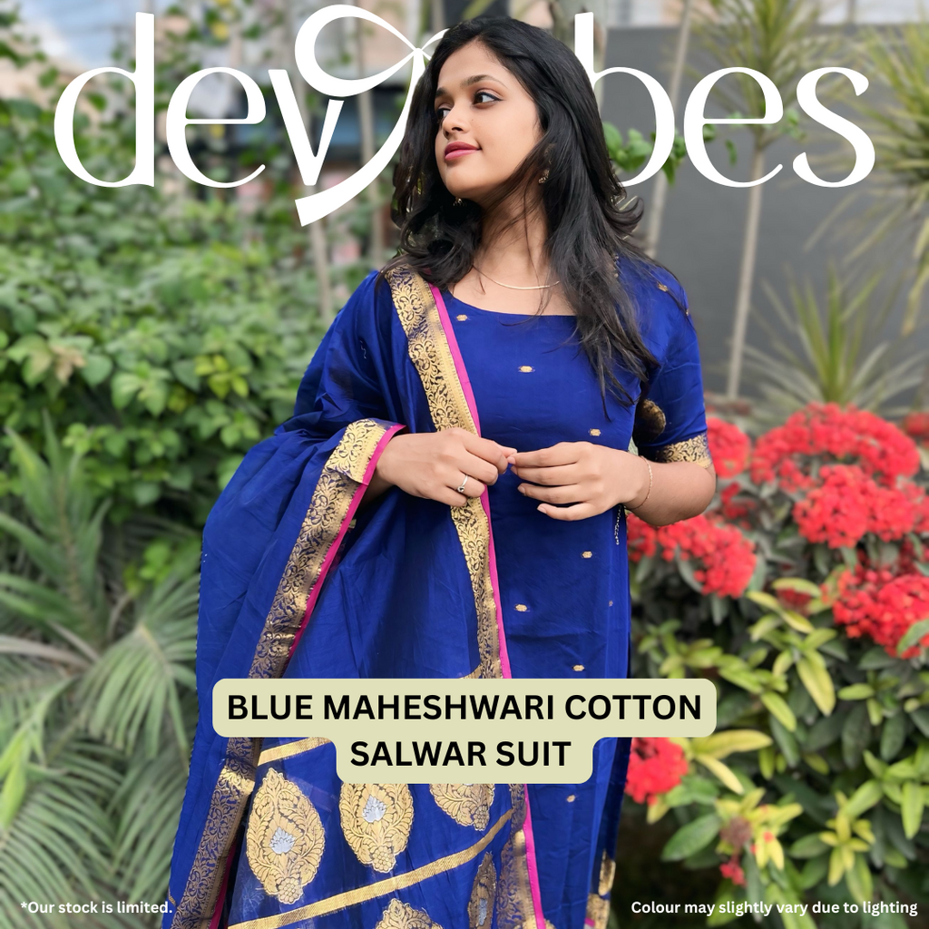 Blue Maheshwari Cotton Salwar Suit with Jacquard Weave