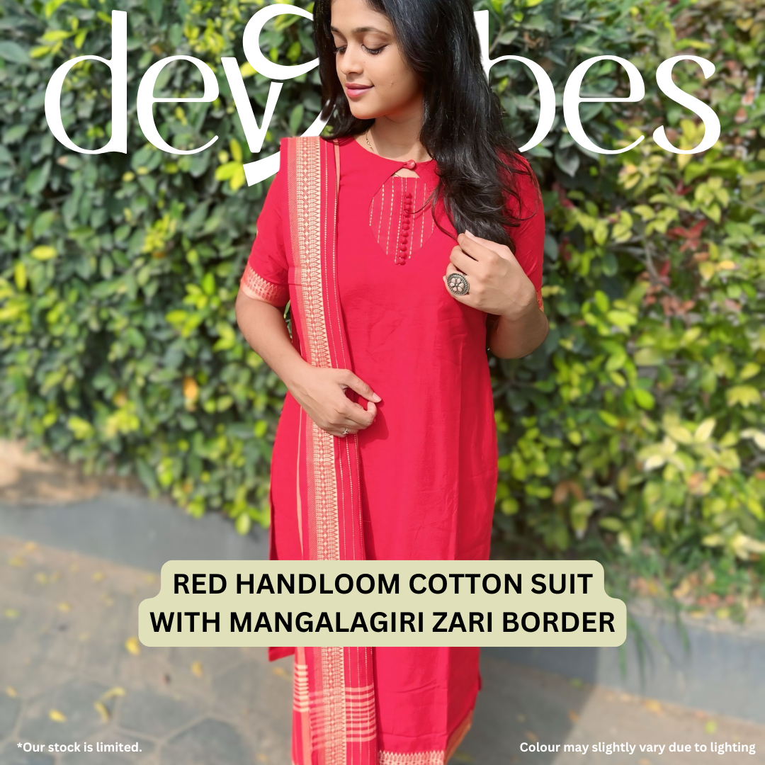 Red Handloom Cotton Suit with Mangalagiri Zari Border