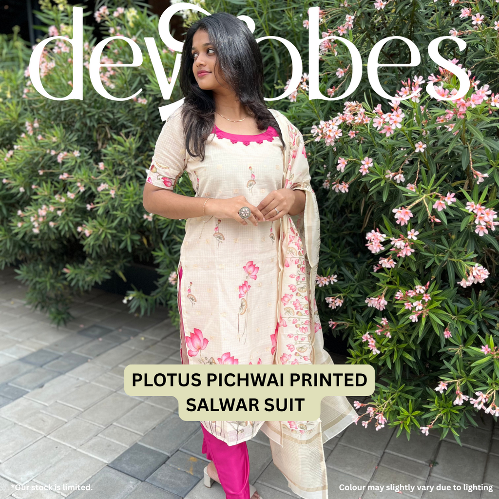 Beige & Pink Lotus Pichwai Kota Cotton Suit