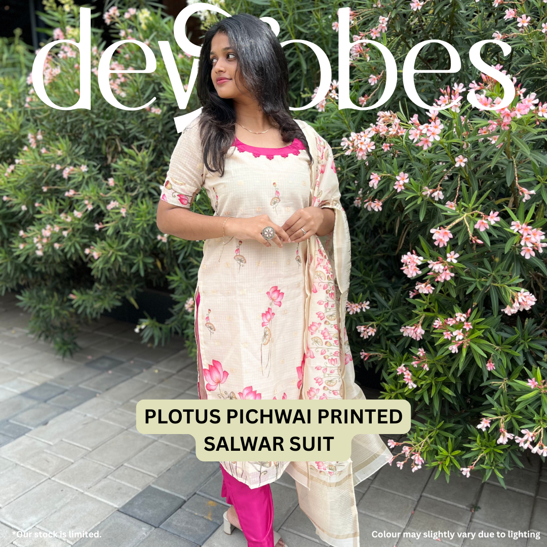 Beige & Pink Lotus Pichwai Kota Cotton Suit