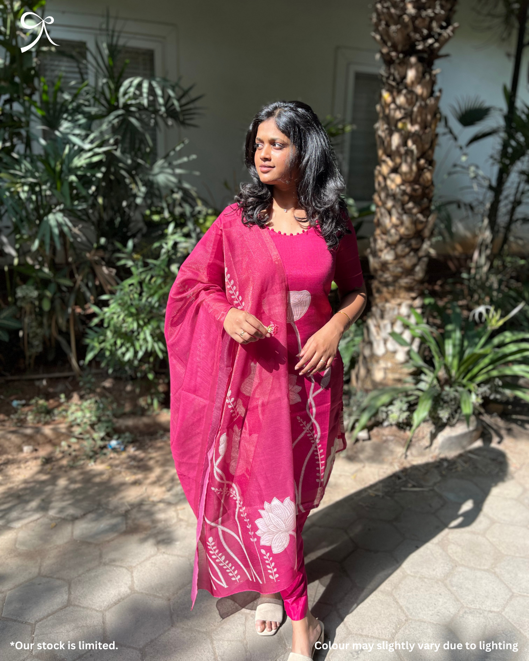 Pink linen muslin printed salwar suit with floral design – front view