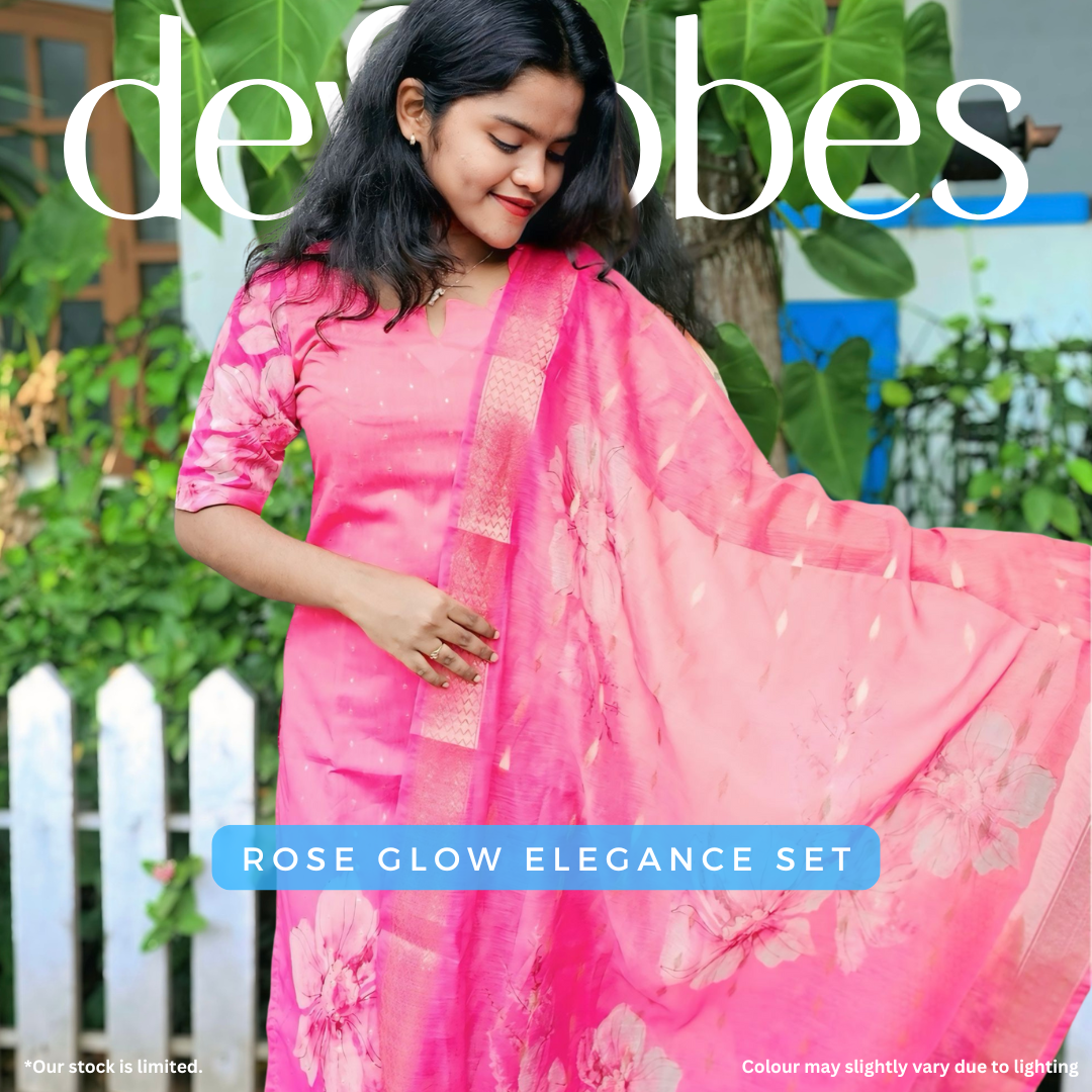Rose Glow Elegance Silk Cotton Suit Set with Golden Buttas & Floral Dupatta