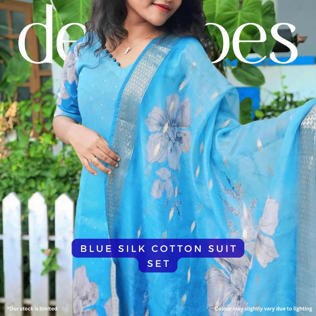 Blue Silk Cotton Suit Set with Golden Buttas & Floral Dupatta