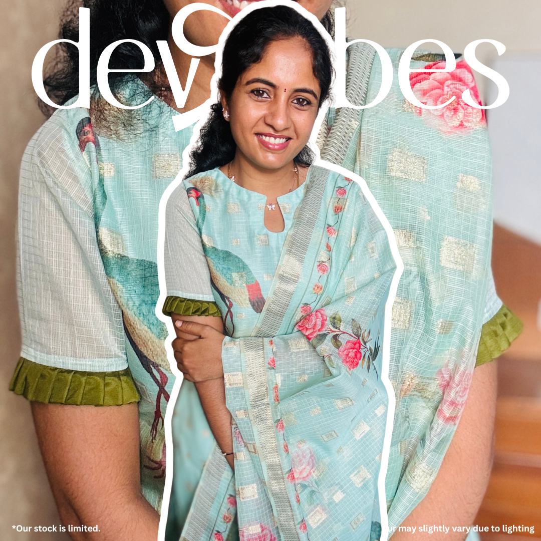 Peacock-Printed Sea Green Kota Salwar Suit with Zari Buttas