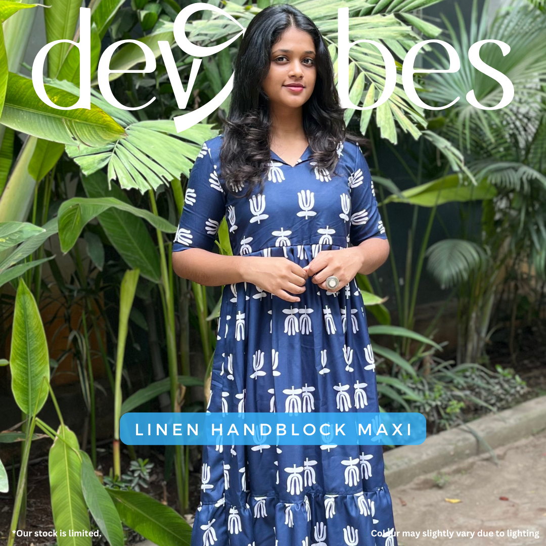 Navy Linen Handblock Maxi Dress