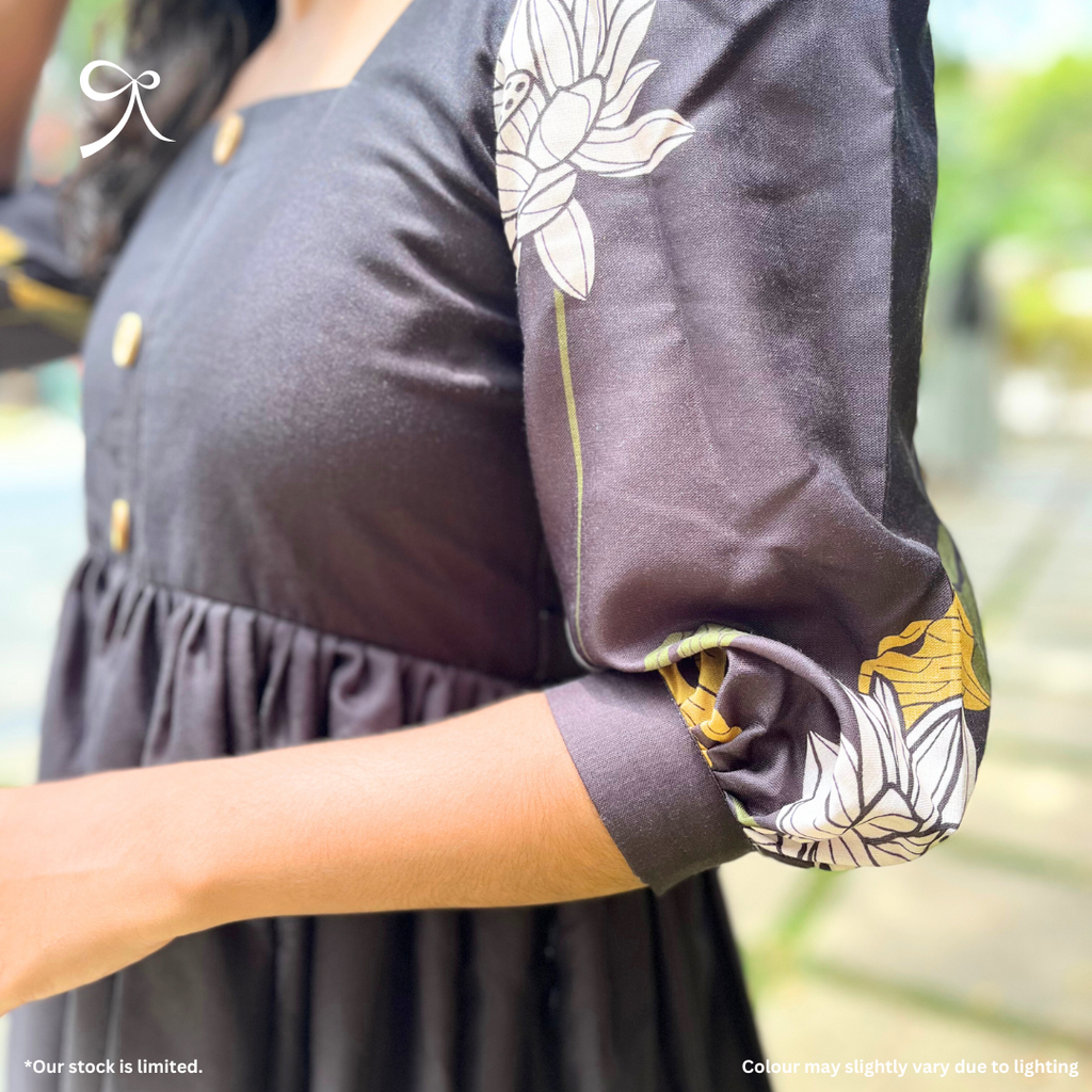 Pure Black Linen Maxi with Floral Detailing