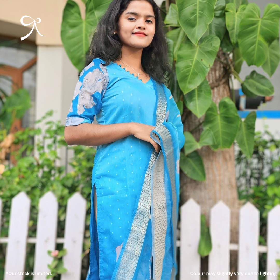 Blue Silk Cotton Suit Set with Golden Buttas & Floral Dupatta
