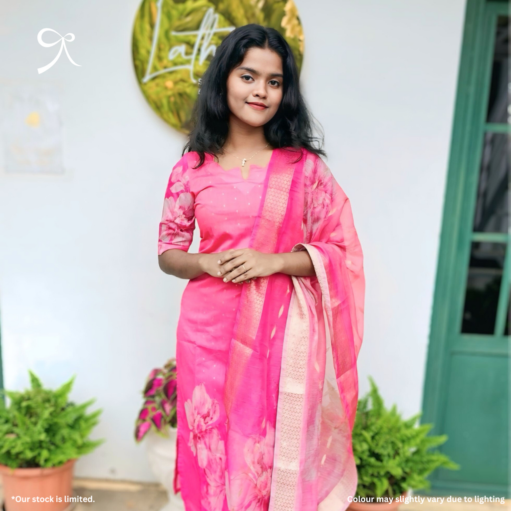 Rose Glow Elegance Silk Cotton Suit Set with Golden Buttas & Floral Dupatta