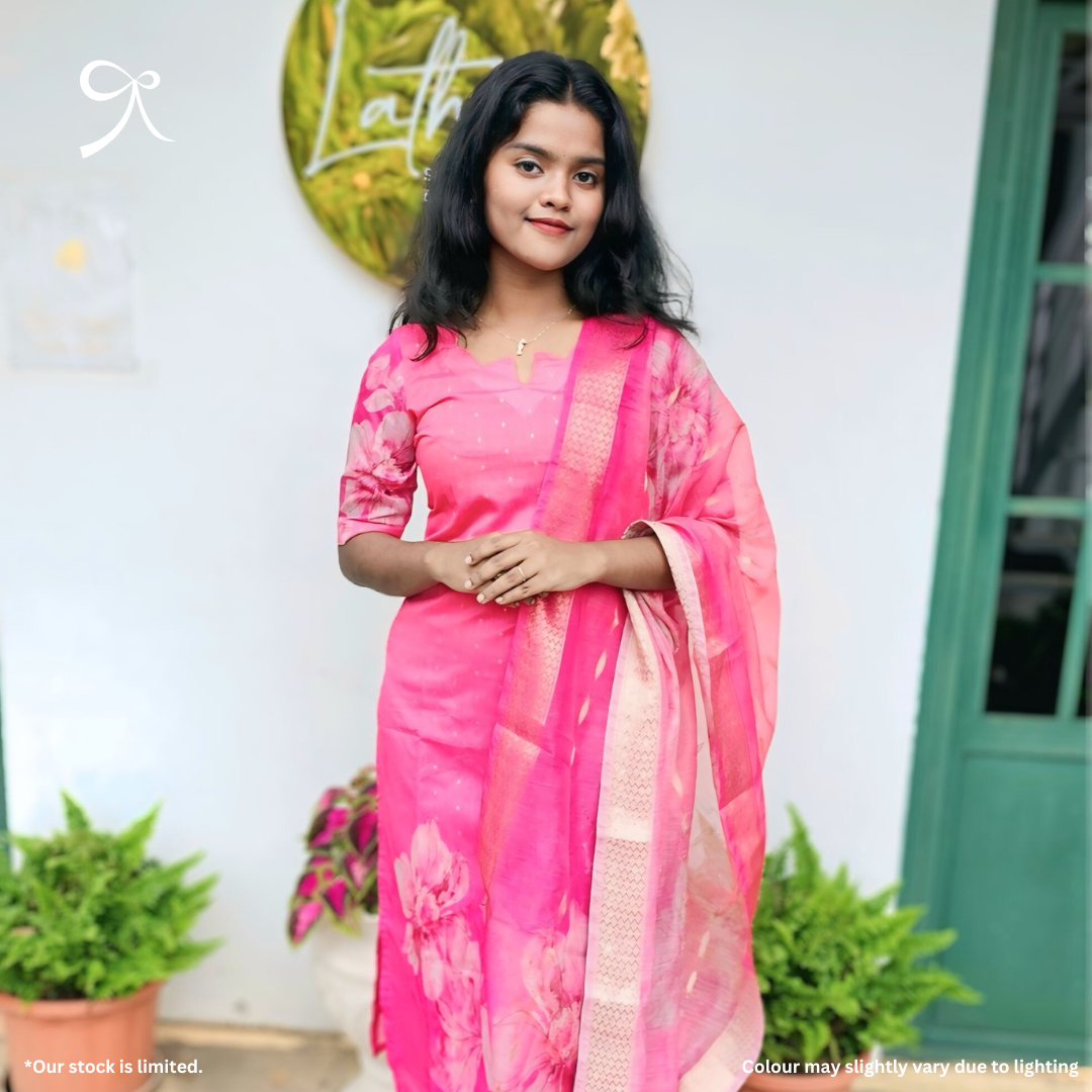 Rose Glow Elegance Silk Cotton Suit Set with Golden Buttas & Floral Dupatta
