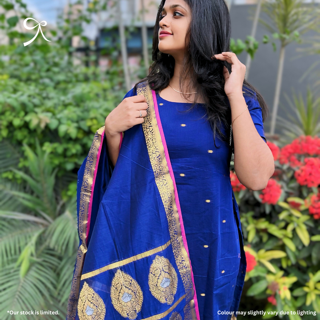 Blue Maheshwari Cotton Salwar Suit with Jacquard Weave