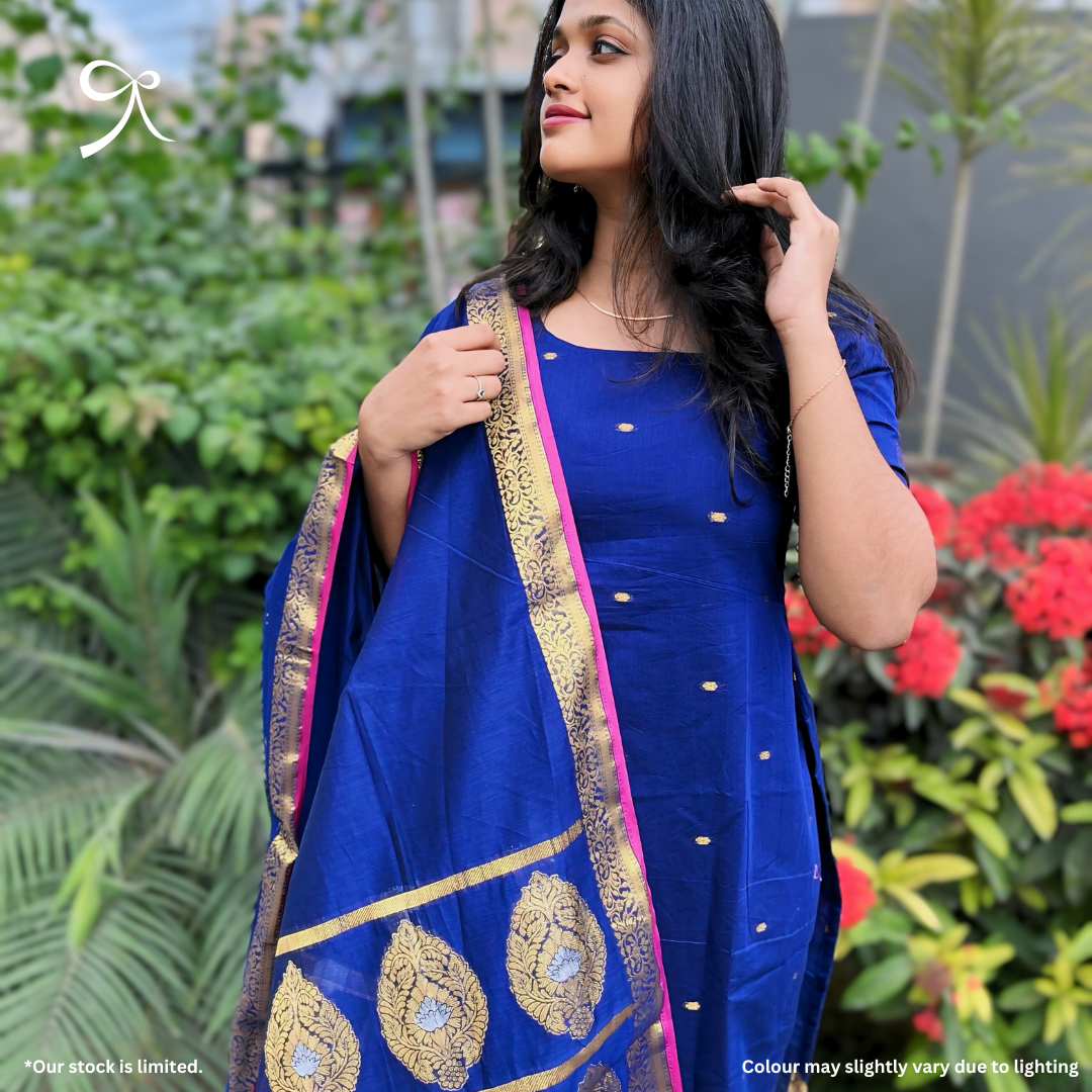 Blue Maheshwari Cotton Salwar Suit with Jacquard Weave