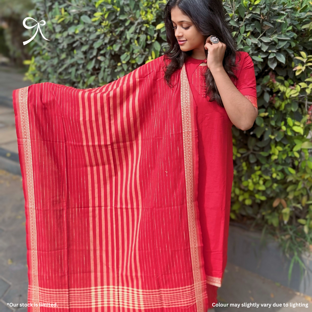 Red Handloom Cotton Suit with Mangalagiri Zari Border