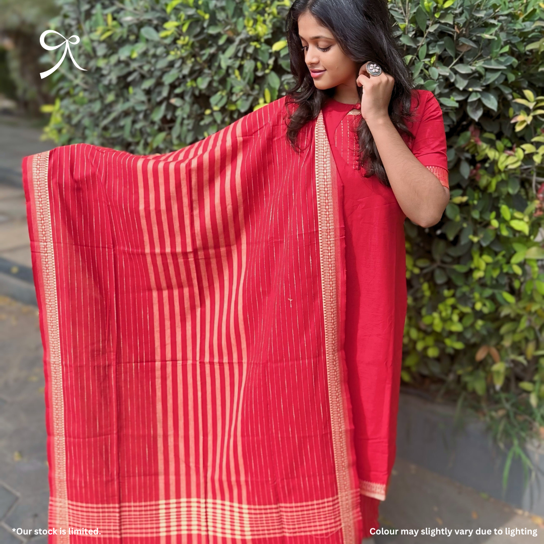 Red Handloom Cotton Suit with Mangalagiri Zari Border