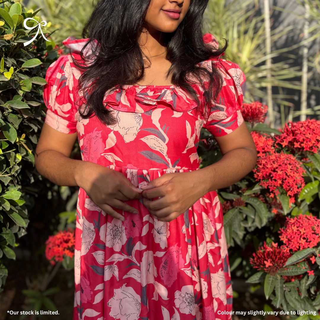 Red Floral Linen Maxi Dress