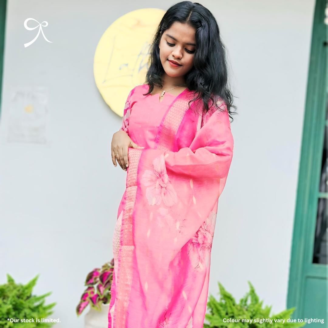 Rose Glow Elegance Silk Cotton Suit Set with Golden Buttas & Floral Dupatta