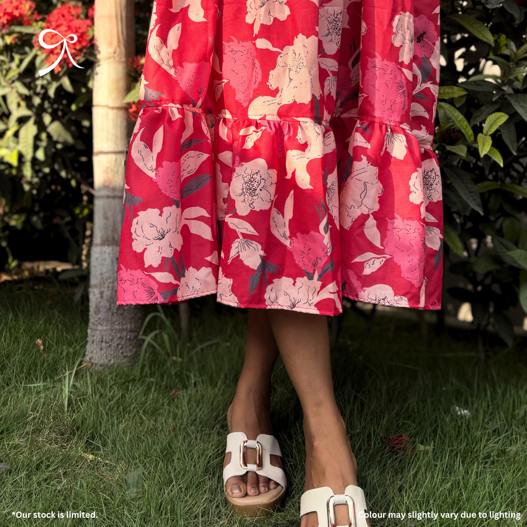 Red Floral Linen Maxi Dress