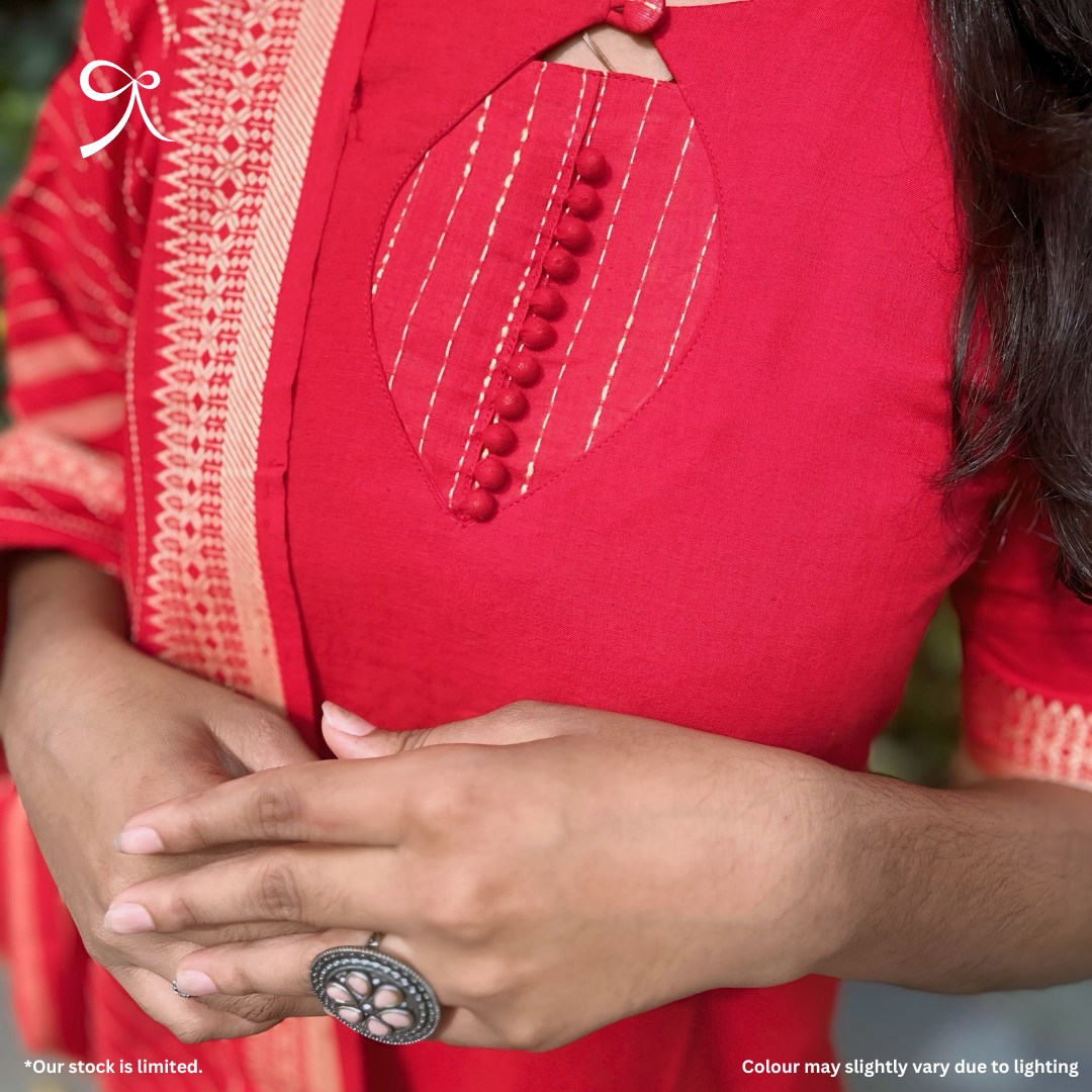 Red Handloom Cotton Suit with Mangalagiri Zari Border