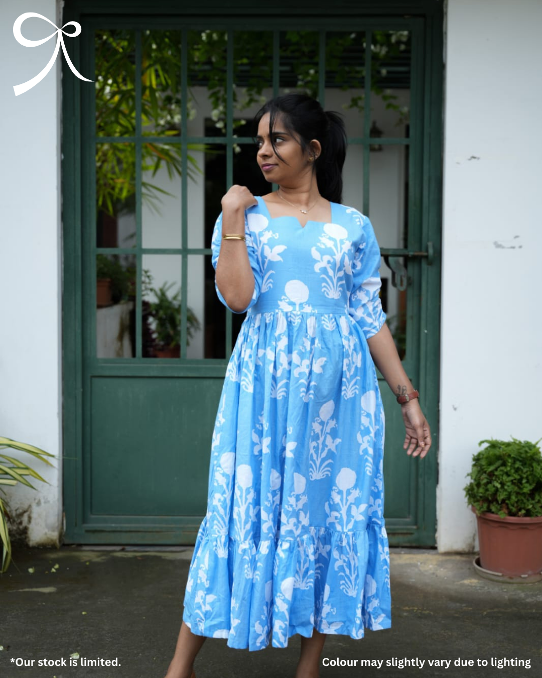 Aqua Blue Printed Cotton Maxi Dress