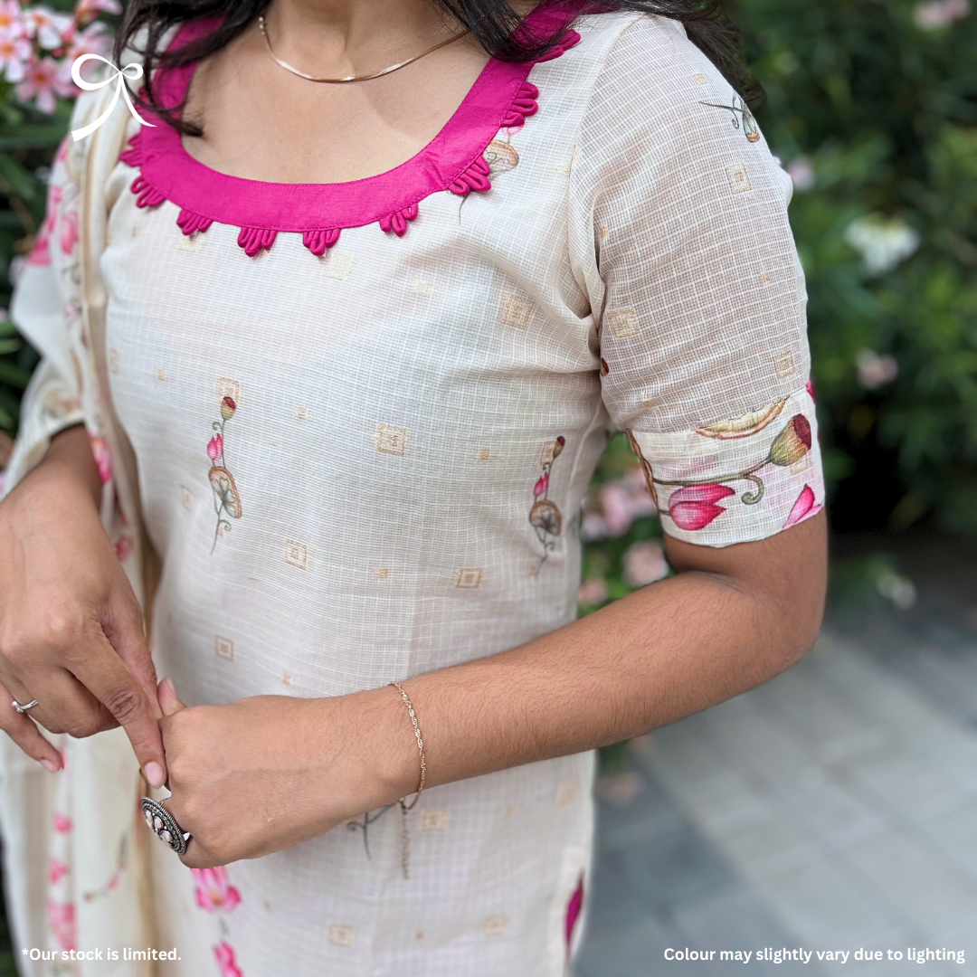 Beige & Pink Lotus Pichwai Kota Cotton Suit