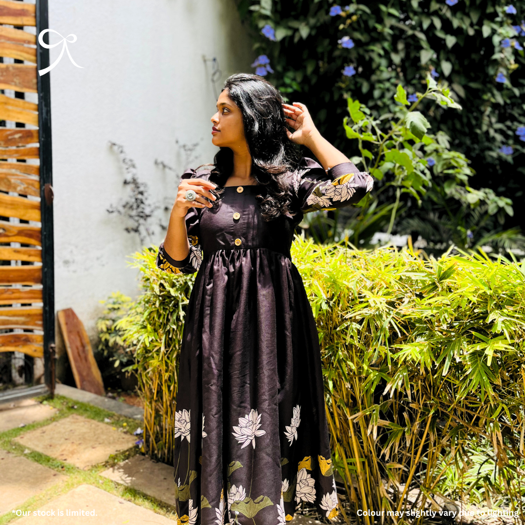 Pure Black Linen Maxi with Floral Detailing