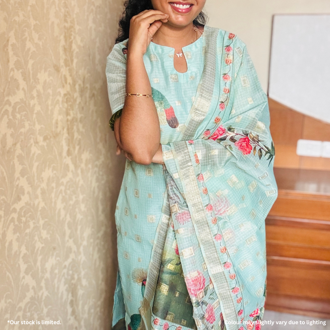 Peacock-Printed Sea Green Kota Salwar Suit with Zari Buttas