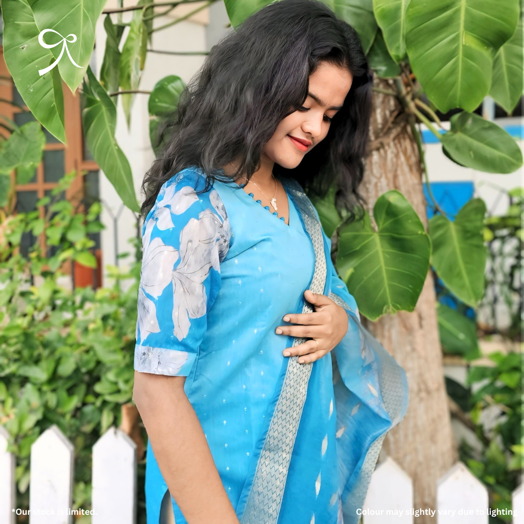 Blue Silk Cotton Suit Set with Golden Buttas & Floral Dupatta