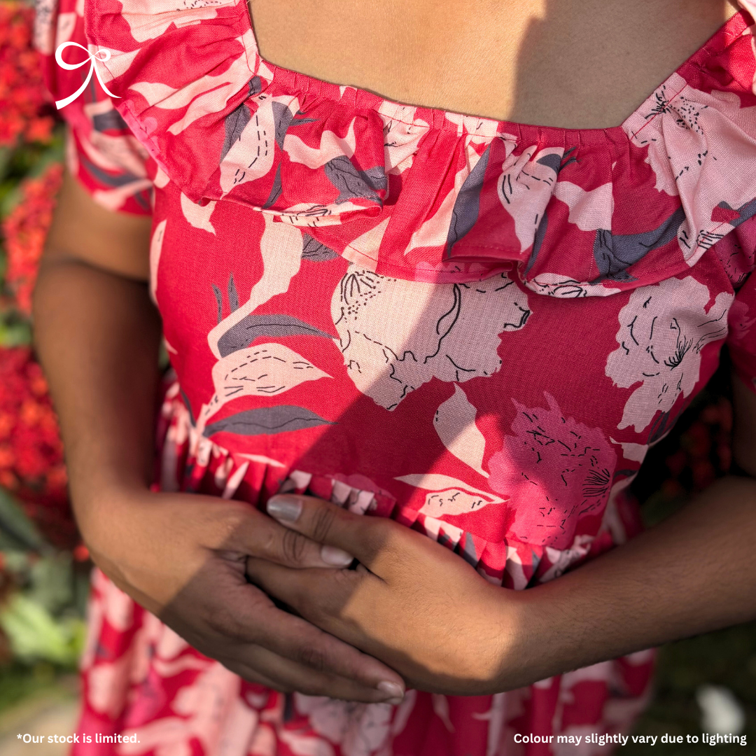 Red Floral Linen Maxi Dress