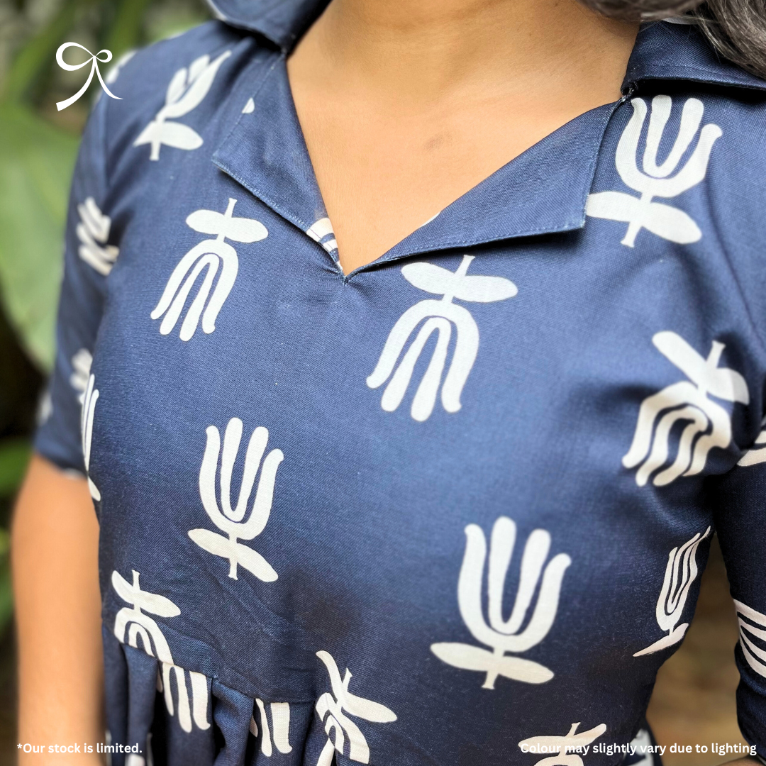 Navy Linen Handblock Maxi Dress