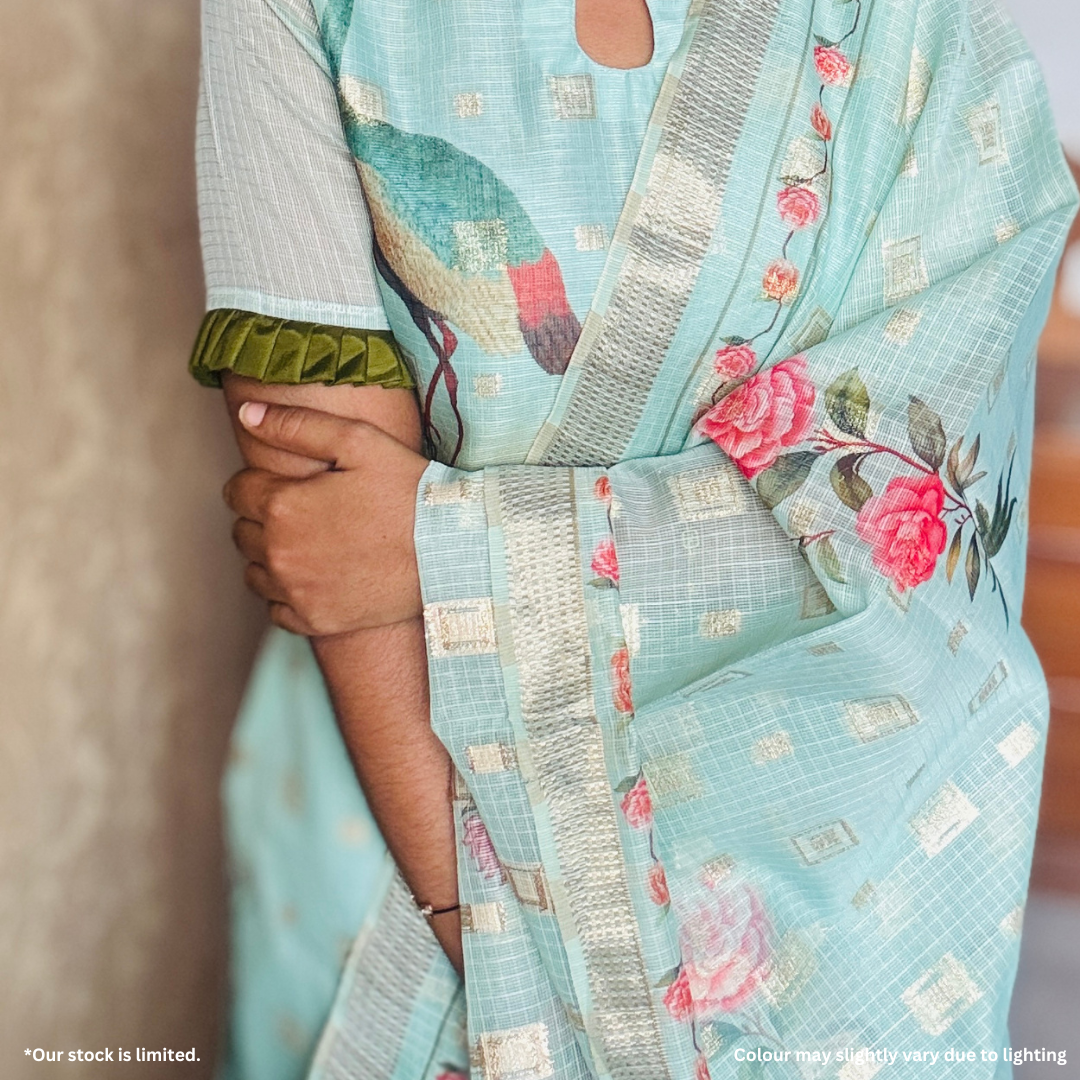 Peacock-Printed Sea Green Kota Salwar Suit with Zari Buttas