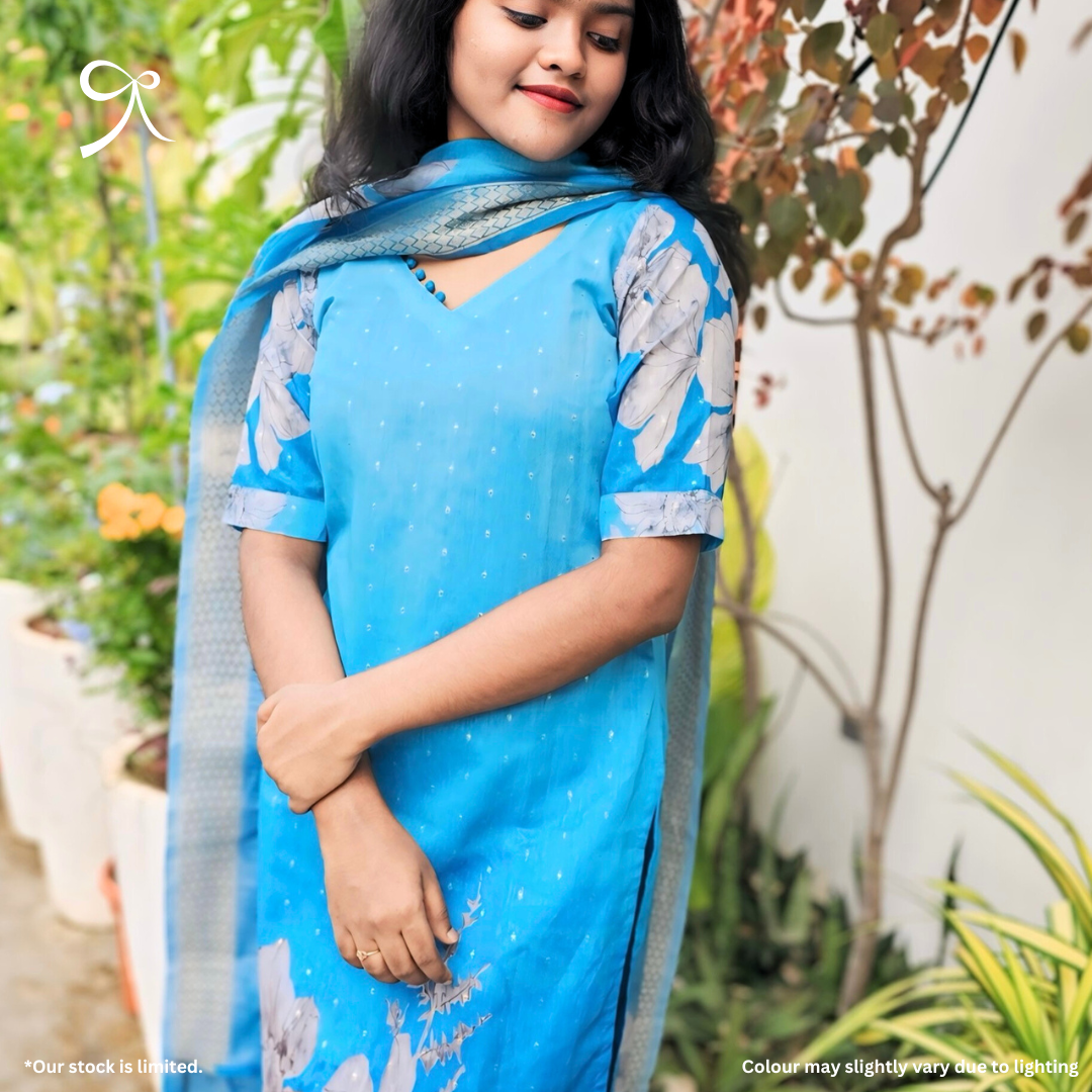 Blue Silk Cotton Suit Set with Golden Buttas & Floral Dupatta