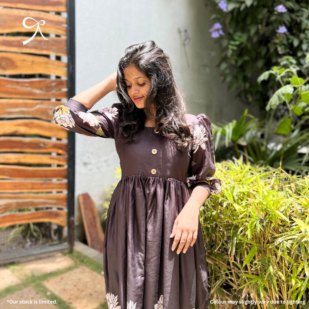 Pure Black Linen Maxi with Floral Detailing