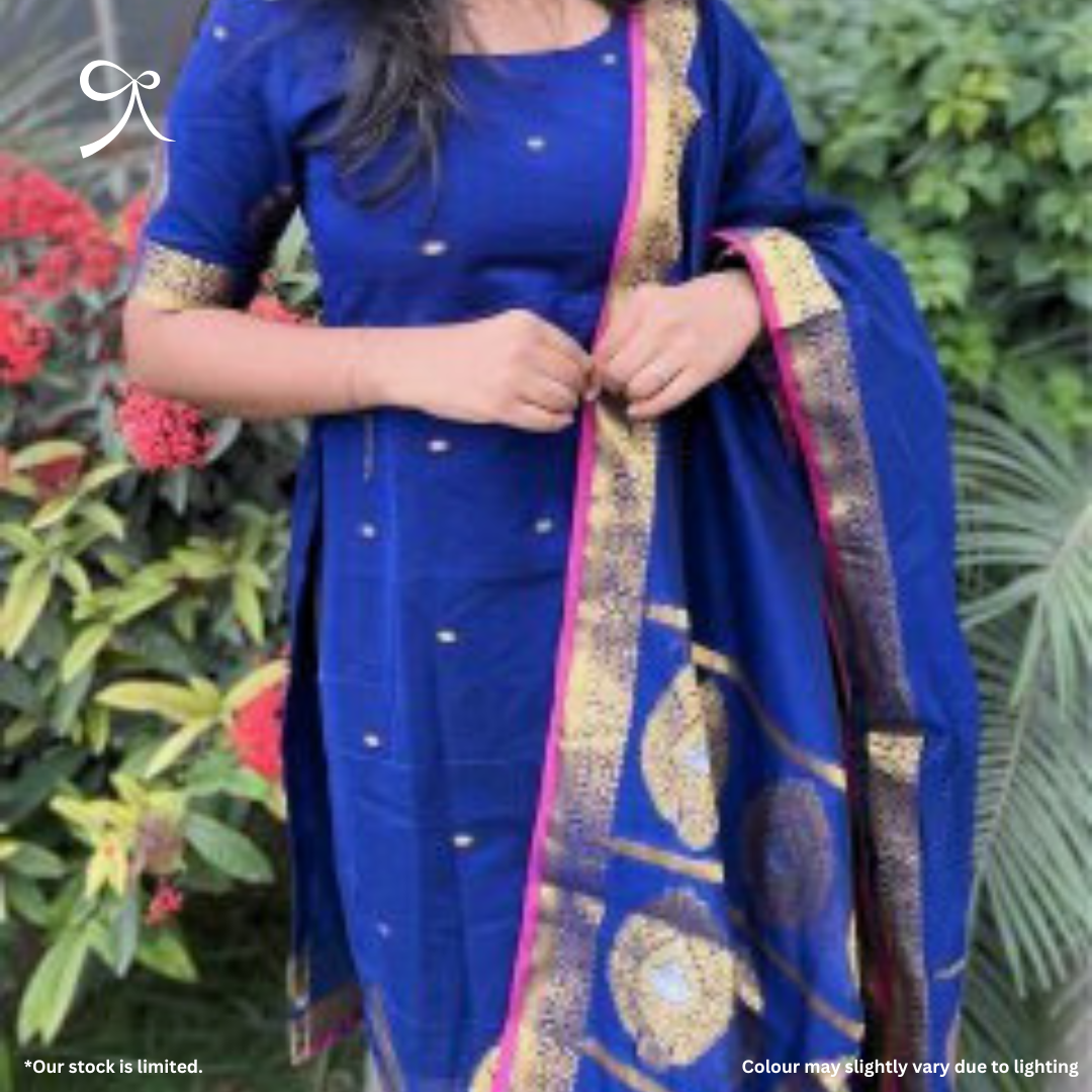 Blue Maheshwari Cotton Salwar Suit with Jacquard Weave