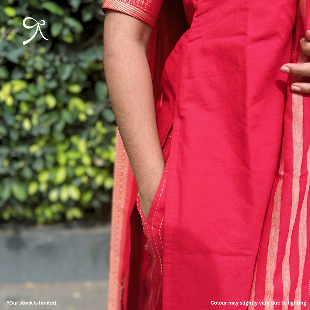 Red Handloom Cotton Suit with Mangalagiri Zari Border