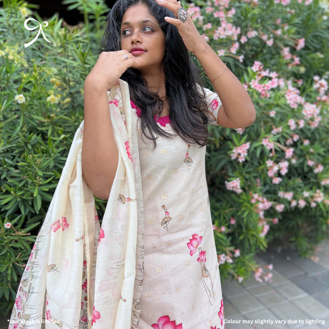 Beige & Pink Lotus Pichwai Kota Cotton Suit