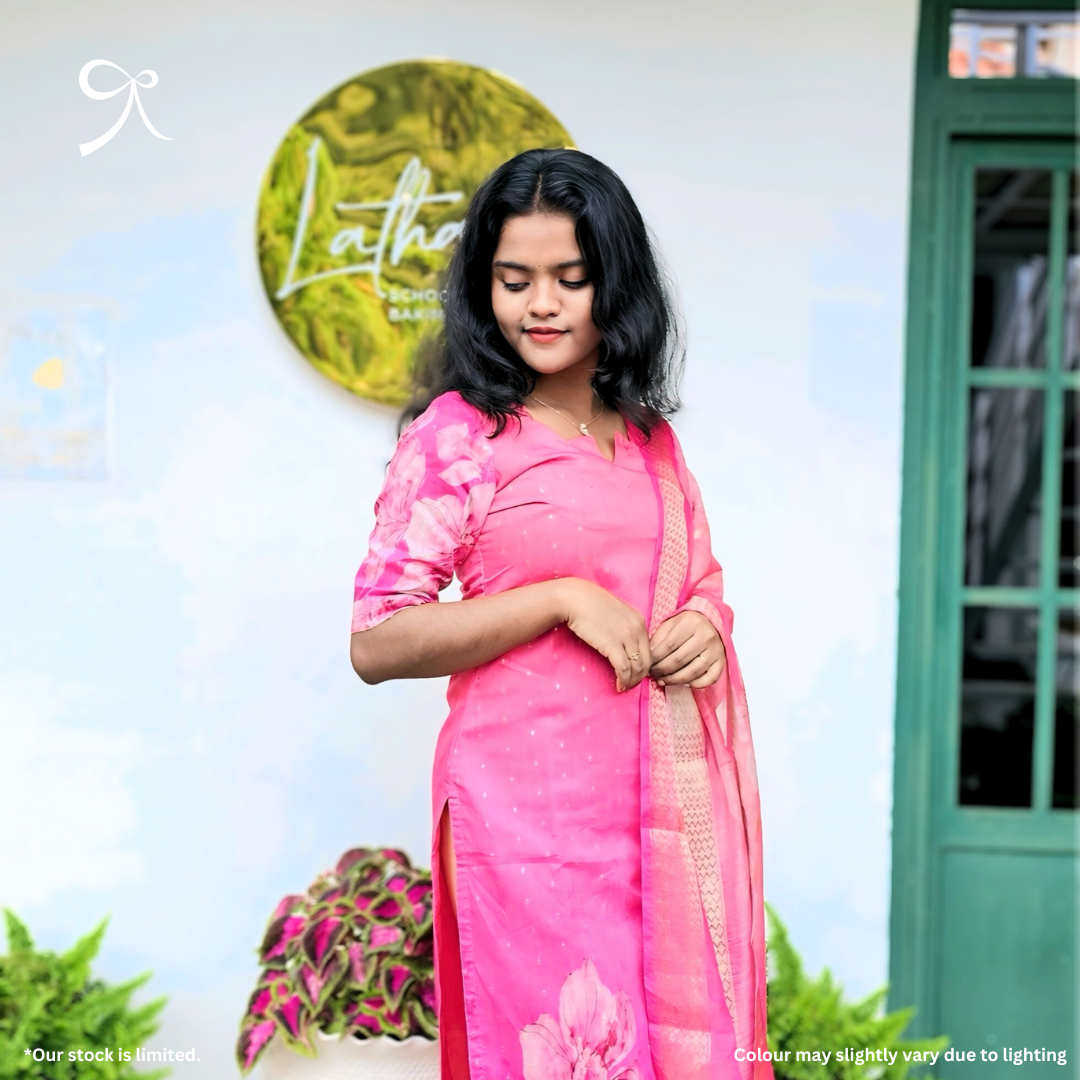 Rose Glow Elegance Silk Cotton Suit Set with Golden Buttas & Floral Dupatta