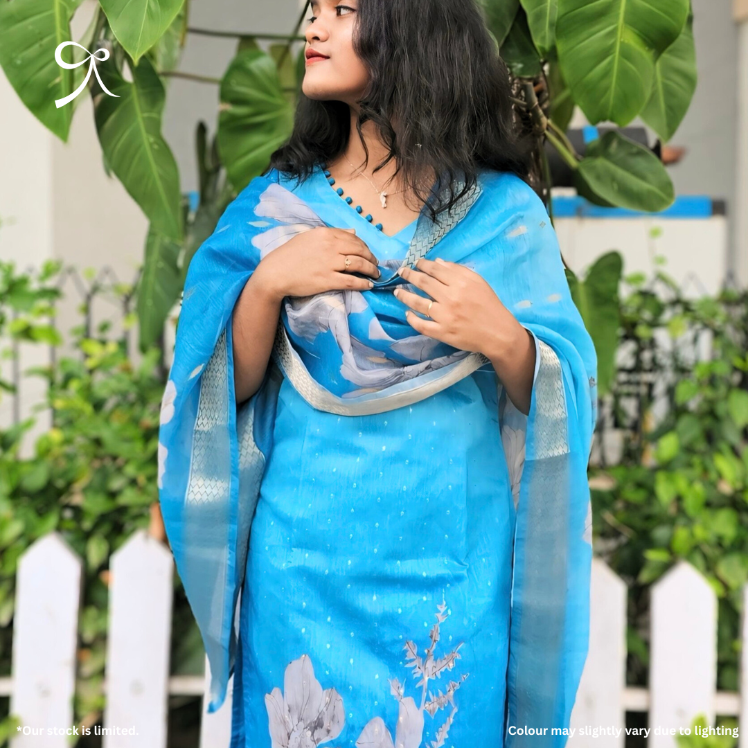 Blue Silk Cotton Suit Set with Golden Buttas & Floral Dupatta