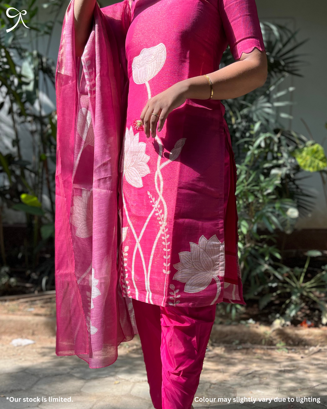 Close-up of linen muslin fabric and floral print detailing