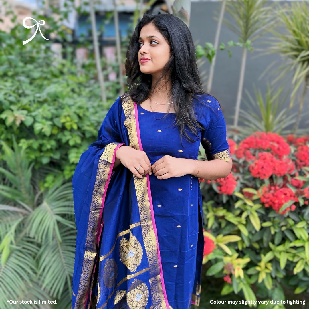 Blue Maheshwari Cotton Salwar Suit with Jacquard Weave