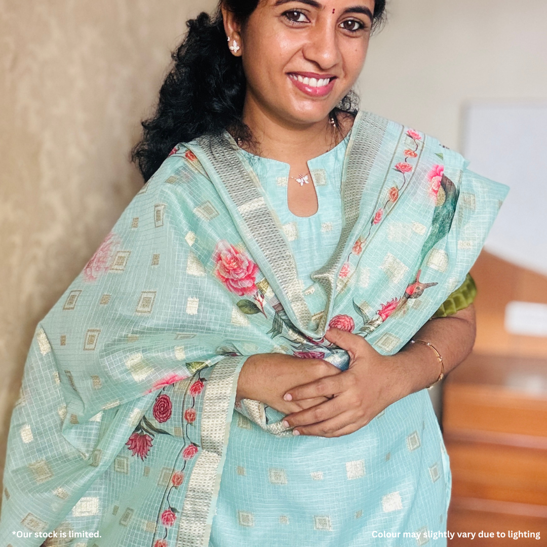 Peacock-Printed Sea Green Kota Salwar Suit with Zari Buttas