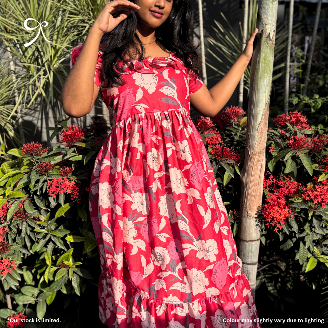 Red Floral Linen Maxi Dress