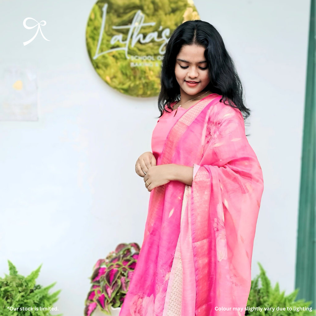 Rose Glow Elegance Silk Cotton Suit Set with Golden Buttas & Floral Dupatta