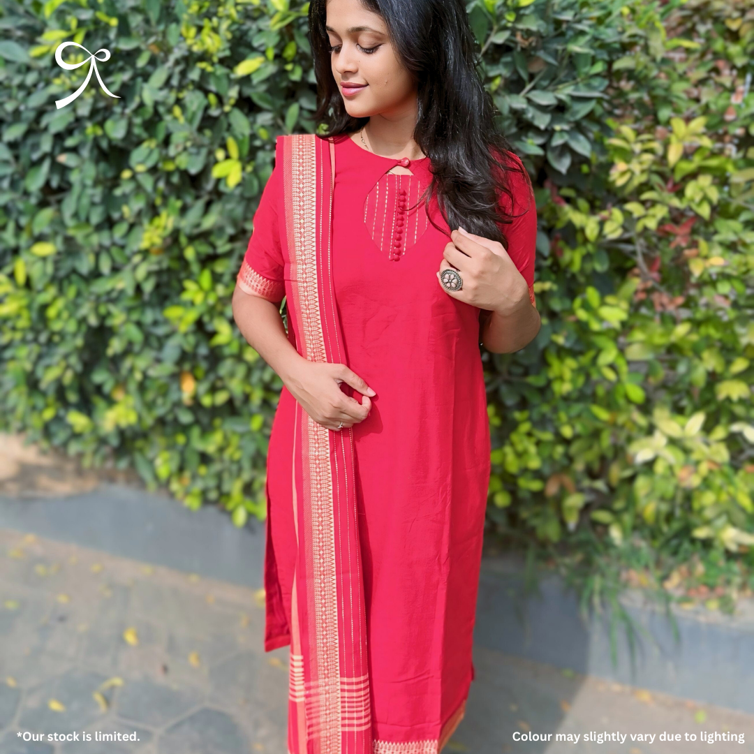 Red Handloom Cotton Suit with Mangalagiri Zari Border
