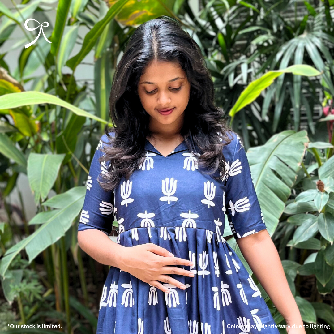 Navy Linen Handblock Maxi Dress