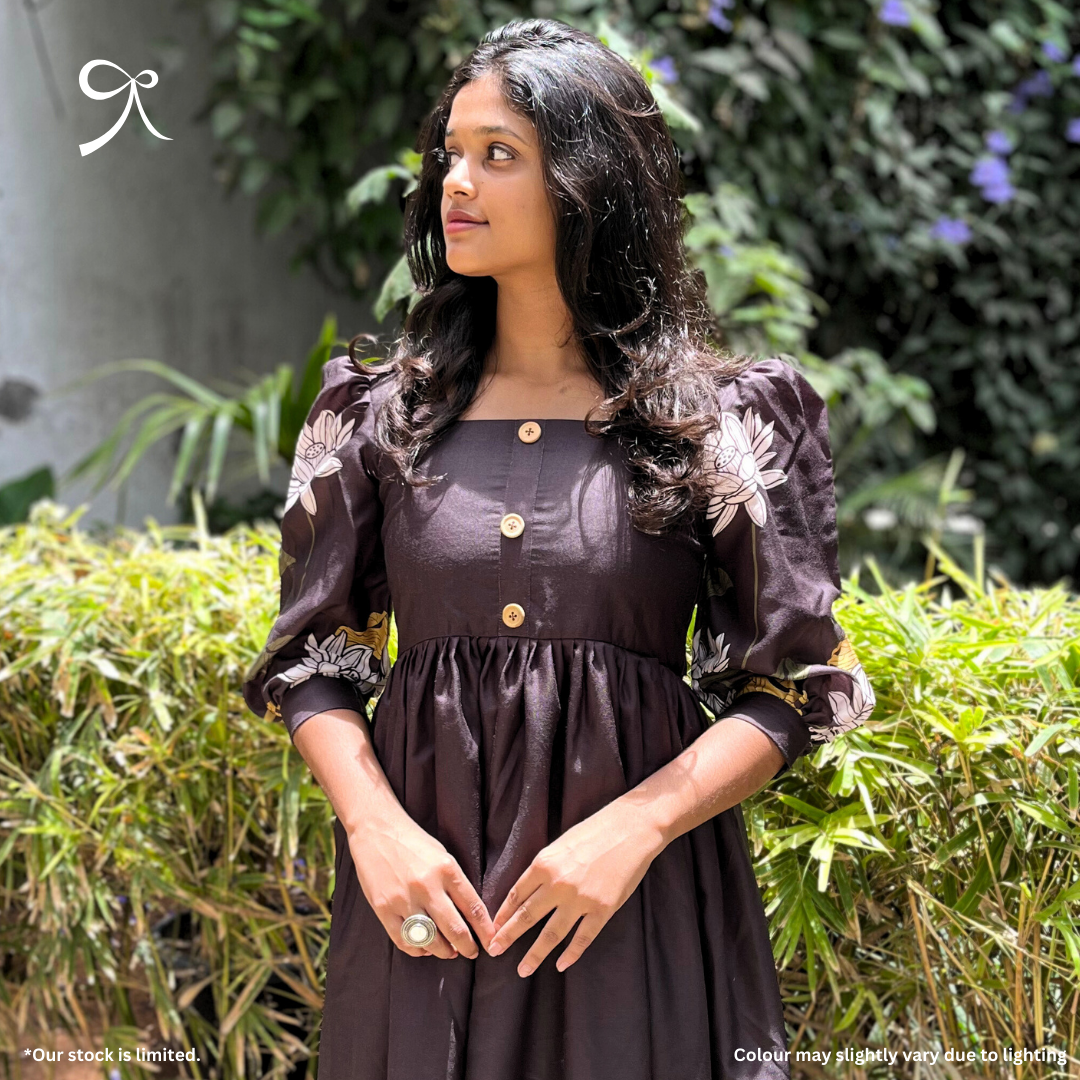 Pure Black Linen Maxi with Floral Detailing