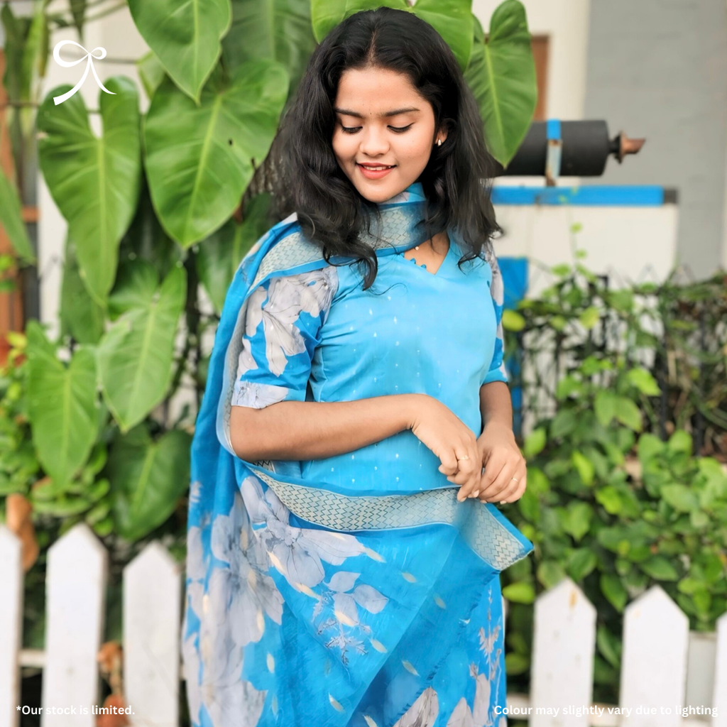 Blue Silk Cotton Suit Set with Golden Buttas & Floral Dupatta