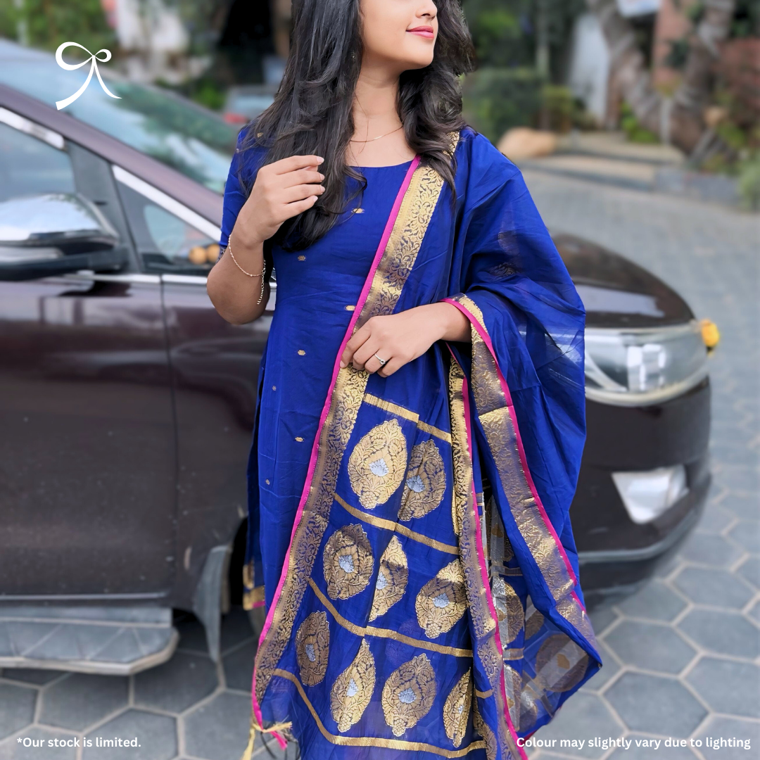 Blue Maheshwari Cotton Salwar Suit with Jacquard Weave