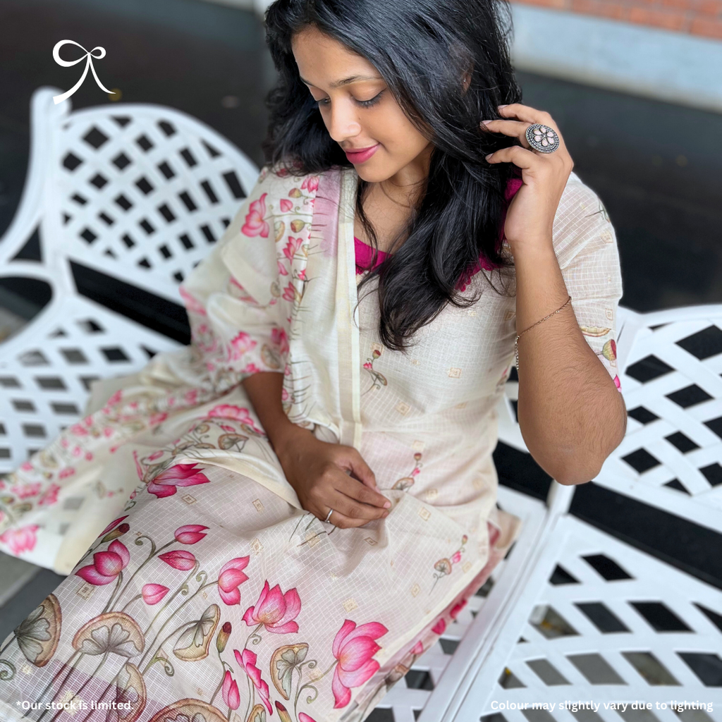 Beige & Pink Lotus Pichwai Kota Cotton Suit