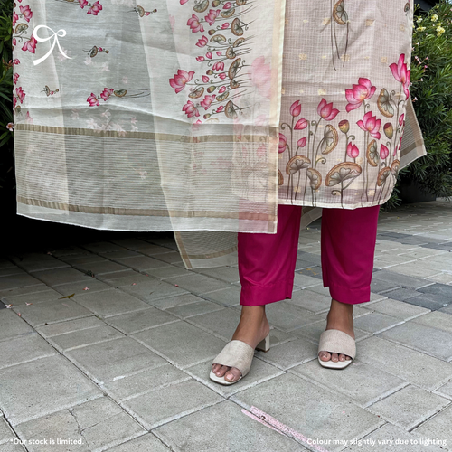 Beige & Pink Lotus Pichwai Kota Cotton Suit