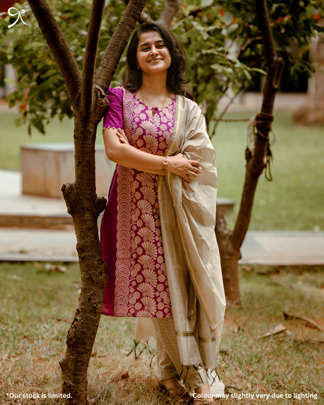 Purple Jacquard Kurta Set with Beige Dupatta