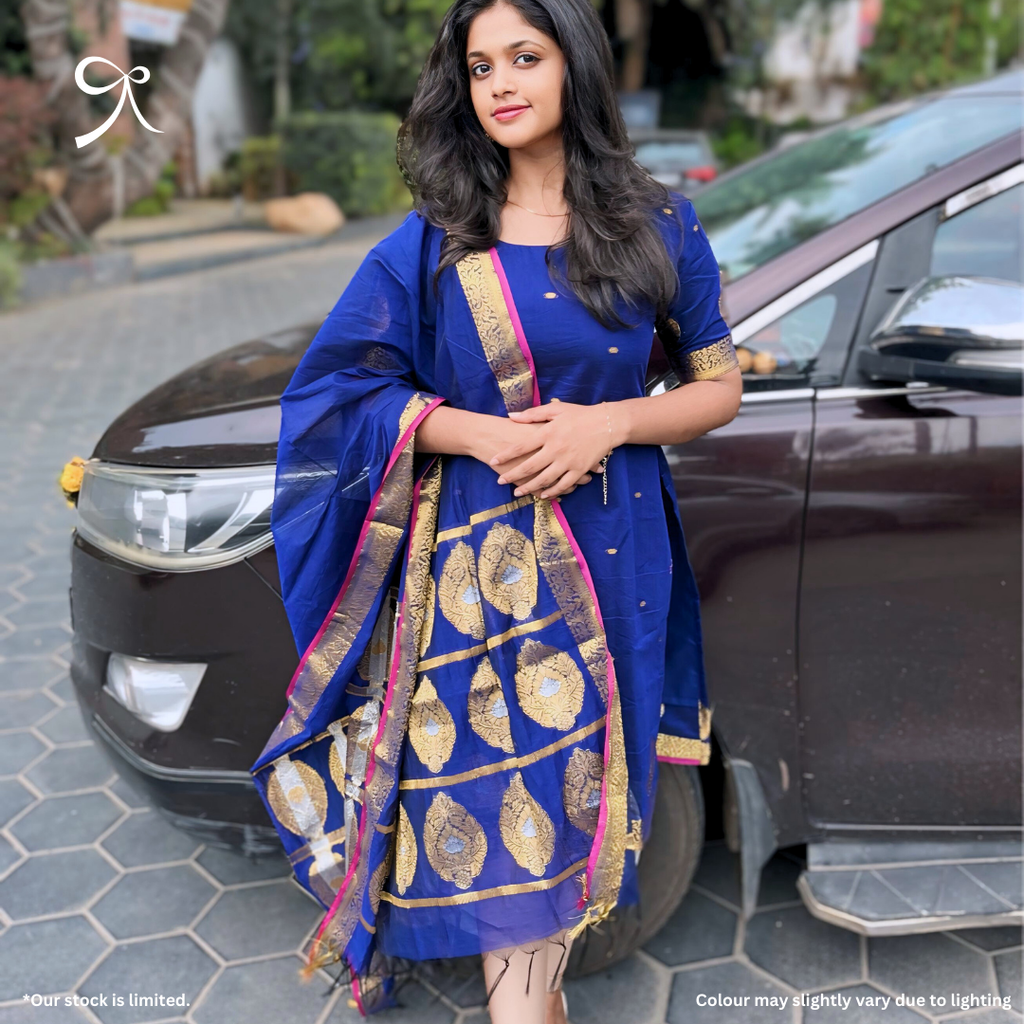 Blue Maheshwari Cotton Salwar Suit with Jacquard Weave
